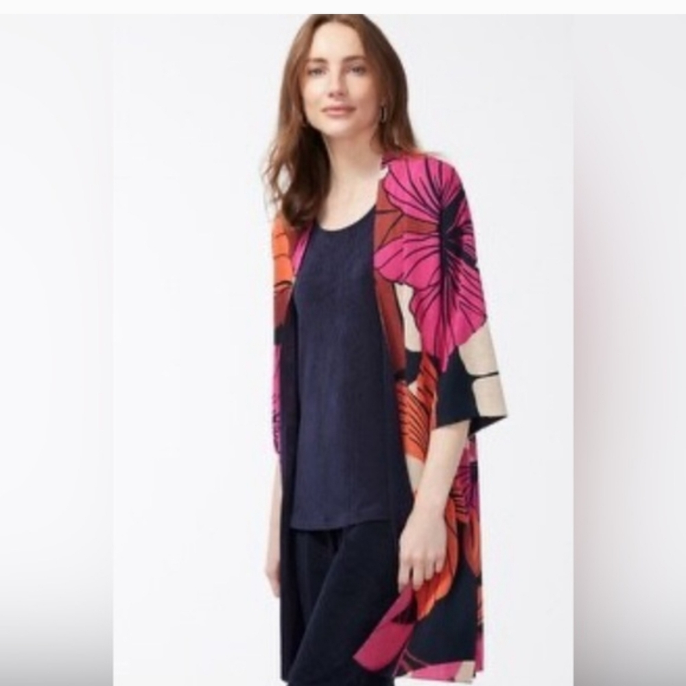 Chico's Travelers Floral Open Cardigan Size XL Short Sleeves Long Length